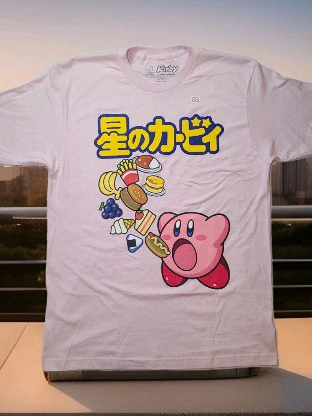 Kirby Pink Inhaling Food Japanese Mens T-Shirt Size L New 100% Cotton Nintendo